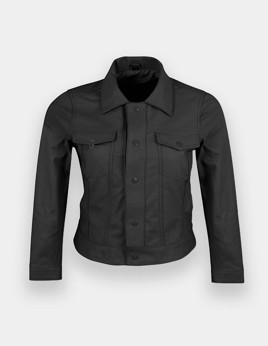Women's Black Leather Trucker Jacket Classic Western Casual Denim Jeans Jacket, Chaqueta de cuero estilo camionero.
